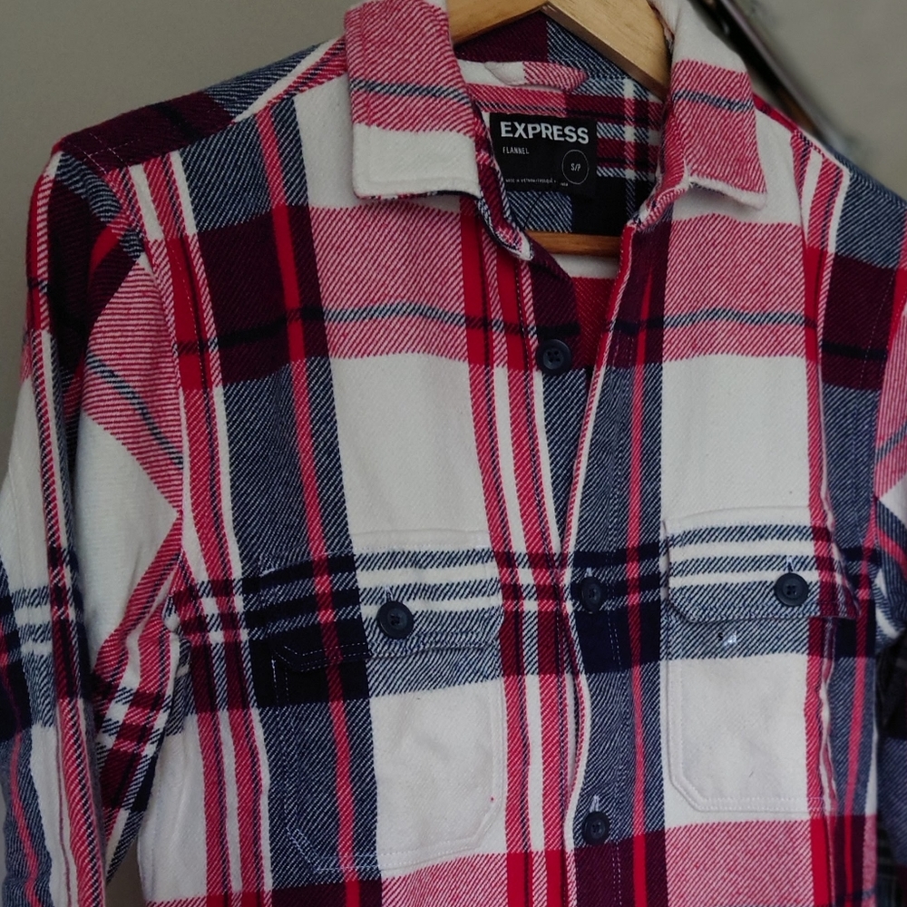 Express Men Slim Plaid Pocket Flannel Shirt Jacket